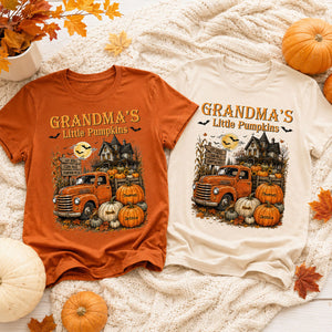 Retro Vintage Farmhouse Halloween Town Style Grandma's Little Pumpkins Truck - Personalized Shirt - Halloween Gift For Family