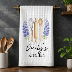 Personalized Floral Kitchen Towel With Baking Utensils - Gift For Grandma & Mom