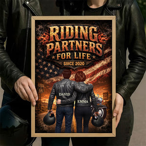 Bikers Couple Riding Partners for Life Nation Flag - Personalized Poster - Heartfelt Gift for Him, for Her