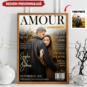 Personalized Amour Magazine Cover Couple Poster, Romantic Love Story Gift