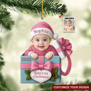 Baby Christmas Gift Box Acrylic Ornament, Personalized Baby Photo Christmas Ornament, Funny Newborn First Christmas Gift