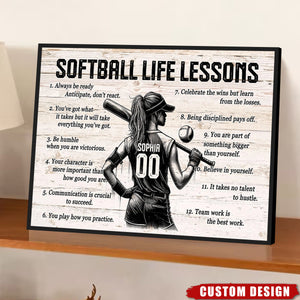 Softball Life Lessons Personalized Canvas, Custom Softball Poster Print, Motivational Softball Gift for Girls, Women, Softball Players