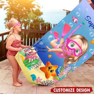 Personalized Cute Diving Kid Sea Animal Quick Dry Soft Oversized Beach Towel - Gift for Boys Girls