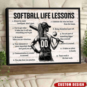 Softball Life Lessons Personalized Canvas, Custom Softball Poster Print, Motivational Softball Gift for Girls, Women, Softball Players