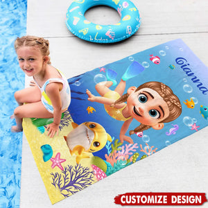Personalized Cute Diving Kid Sea Animal Quick Dry Soft Oversized Beach Towel - Gift for Boys Girls