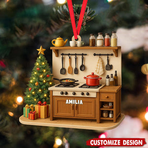 Custom Name Kitchen Ornament – 2D Flat Ornament, Cooking Stove Christmas Decoration with Pots, Utensils & Tree – Personalized Chef Gift