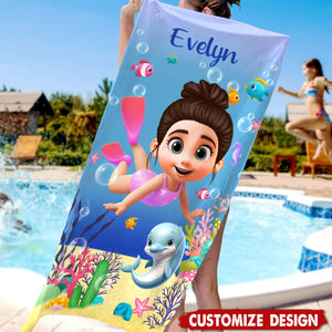 Personalized Cute Diving Kid Sea Animal Quick Dry Soft Oversized Beach Towel - Gift for Boys Girls