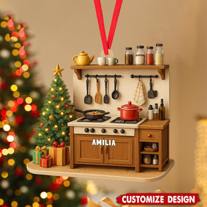 Custom Name Kitchen Ornament – 2D Flat Ornament, Cooking Stove Christmas Decoration with Pots, Utensils & Tree – Personalized Chef Gift