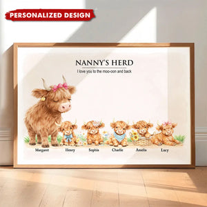 Nanny & Grandad's Herd Highland Cow Family-Personalised Poster-Gift for Grandma, Grandpa
