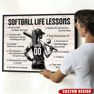 Softball Life Lessons Personalized Canvas, Custom Softball Poster Print, Motivational Softball Gift for Girls, Women, Softball Players