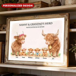 Nanny & Grandad's Herd Highland Cow Family-Personalised Poster-Gift for Grandma, Grandpa