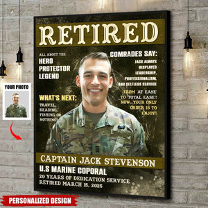 Personalized Army Magazine Cover Canvas Poster, Military Retirement Portrait Gift