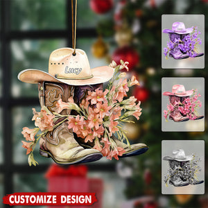 Personalized Boots And Hat With Flower Cowgirl / Cowboy Christmas Ornament