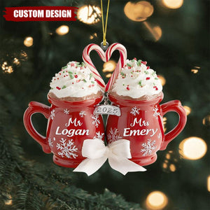Custom Hot Cocoa Mugs Wedding Couple Christmas Ornament, Wedding Newlywed Decor, Anniversary Gifts for Bride & Groom, Married Keepsake Gift