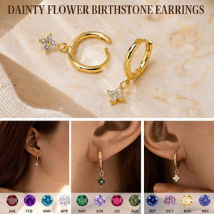 Dainty Flower Birthstone Huggies Earrings, Birthstone Dangle Hoop Earrings for Women, Everyday Hoops Earrings for Mom