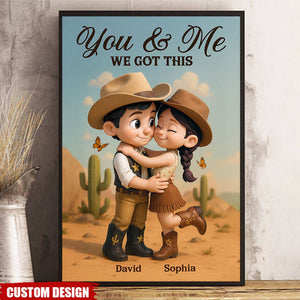 Cartoon Style Countryside Couple Cowboy Cowgirl Home Decor Personalized Vertical Poster