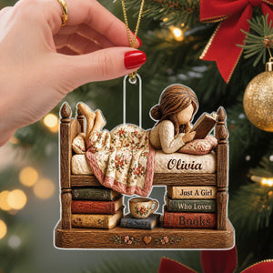 Personalized Just A Girl Who Loves Books Acrylic Ornament, Vintage Girl Reading In Bed Custom Name Gift