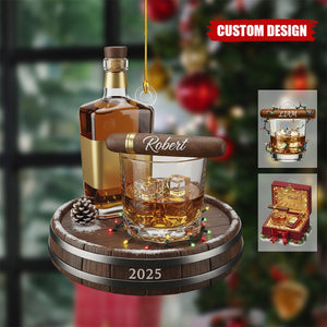 Personalized Whiskey Glass and Cigar Ornament – Gentlemen Christmas Gift for Him