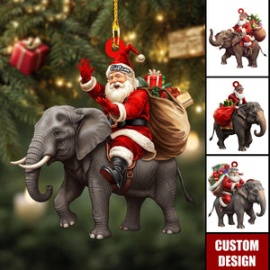 Santa riding Elephant acrylic 2D flat Christmas ornament, festive tree hanging acrylic holiday decoration, unique Santa riding elephant gift