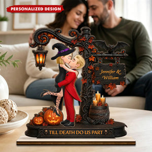 Halloween Couple Wooden Plaque – Personalized "Till Death Do Us Part" Anniversary Gift