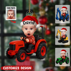 Kid With Construction Vehicle Excavator Backhoe Tractor - Personalized Photo Acrylic Ornament