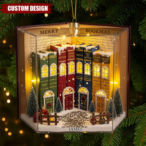 Book Town In A Jolly Christmas Night Acrylic Ornament, Personalized Gifts For Book Lovers