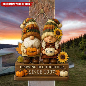 Growing Old Together, Couple With Sunflowers And Pumpkins Wood Sign, Gift For Couples And Grandparents