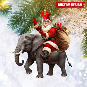 Santa riding Elephant acrylic 2D flat Christmas ornament, festive tree hanging acrylic holiday decoration, unique Santa riding elephant gift