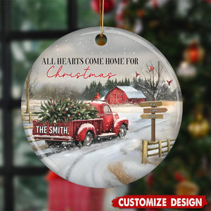 Personalized Red Truck Family Ceramic Christmas Ornament - Gift For Family
