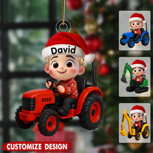 Little Boy Kid With Construction Vehicle Excavator Backhoe Tractor - Christmas Personalized Acrylic Ornament