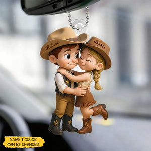 Cartoon Style Countryside Couple Cowboy Cowgirl Personalized Car Ornament