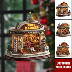 Personalized Barber Shop Christmas Ornament, Red Chair & Barber Poles