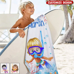 Personalized Cartoon Kid Scuba Diver Beach Towel - Gift for Boys Girls