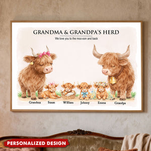 Nanny & Grandad's Herd Highland Cow Family-Personalised Poster-Gift for Grandma, Grandpa