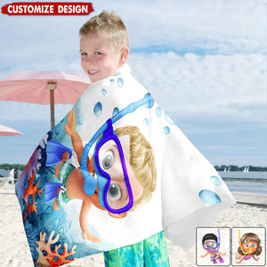 Personalized Cartoon Kid Scuba Diver Beach Towel - Gift for Boys Girls