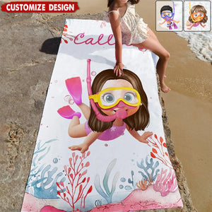 Personalized Cartoon Kid Scuba Diver Beach Towel - Gift for Boys Girls