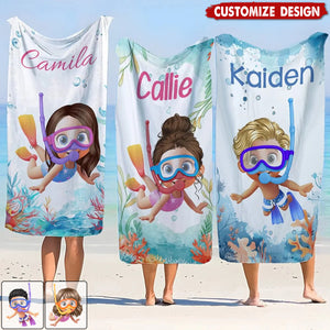 Personalized Cartoon Kid Scuba Diver Beach Towel - Gift for Boys Girls