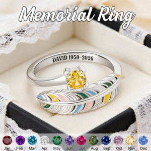 In Loving Memory - Personalized Feather Birthstone Memorial Ring