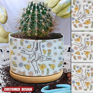 Floral Mom/Nana Hands Together- Personalized Ceramic Plant Pot