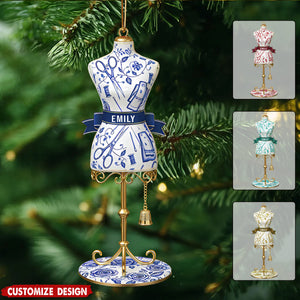 Personalized Toile De Jouy Dress Form Christmas Ornament - Gift for Seamstress, Tailor, Fashion Designer
