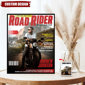 Personalized Road Rider Magazine Cover Poster, Motorcycle Magazine Canvas, Motorcyclist Photo Canvas, Gift For Rider