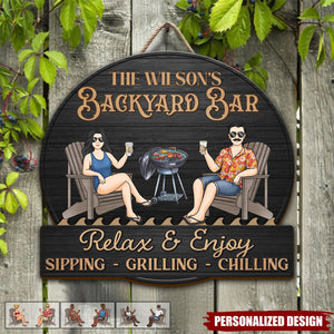 Just A Couple,Pool & Patio Sipping Chilling-Personalized Home Decor Wood Sign-Gift For Couple