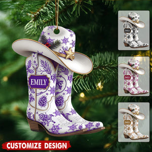 Personalized Name Cow Girl Boot Christmas Ornament - Gift For Cowgirl