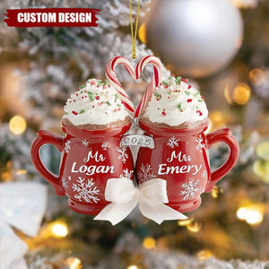Custom Hot Cocoa Mugs Wedding Couple Christmas Ornament, Wedding Newlywed Decor, Anniversary Gifts for Bride & Groom, Married Keepsake Gift