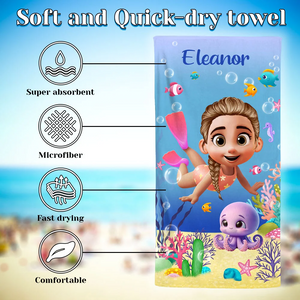 Personalized Cute Diving Kid Sea Animal Quick Dry Soft Oversized Beach Towel - Gift for Boys Girls