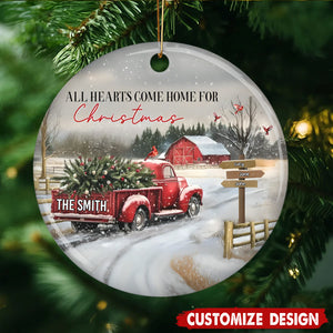 Personalized Red Truck Family Ceramic Christmas Ornament - Gift For Family