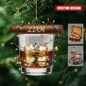 Personalized Whiskey Glass and Cigar Ornament – Gentlemen Christmas Gift for Him