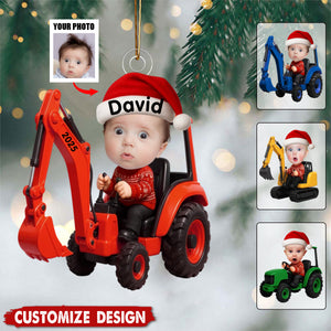 Kid With Construction Vehicle Excavator Backhoe Tractor - Personalized Photo Acrylic Ornament