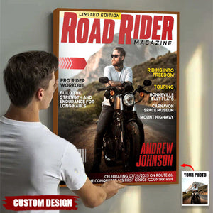 Personalized Road Rider Magazine Cover Poster, Motorcycle Magazine Canvas, Motorcyclist Photo Canvas, Gift For Rider
