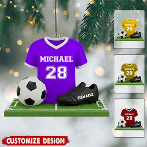Personalized Soccer Christmas Ornament – Custom Jersey with Name & Number, Soccer Ball, Cleats Gift for Players